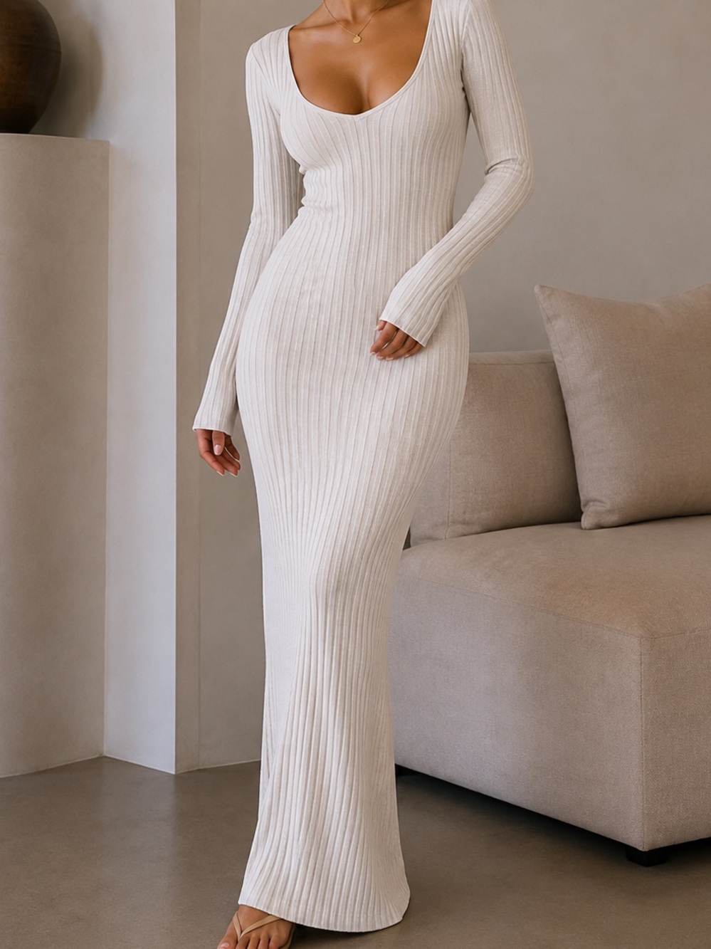 Long Sleeve Ribbed Scoop Neck Maxi Dress - Cream